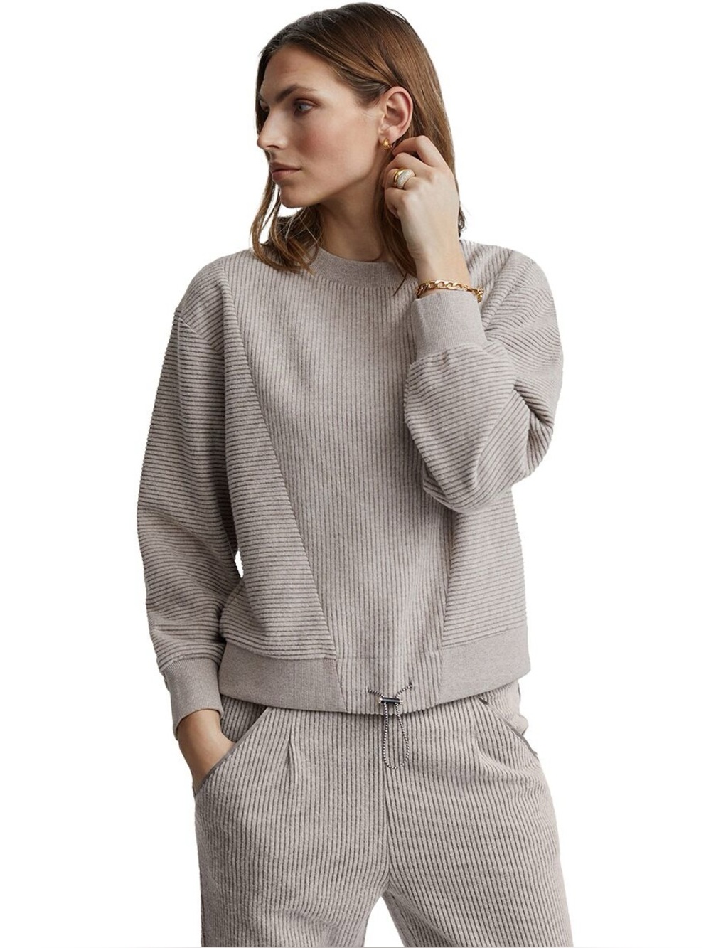 Varley‎ Arleta Rib Pullover Taupe Drawcord Sweatshirt Crewneck Size M